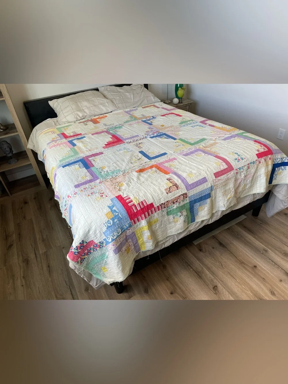 Vintage 1930s 40s Feedsack Log Cabin Quilt Hand Quilted Cutter Folk Art